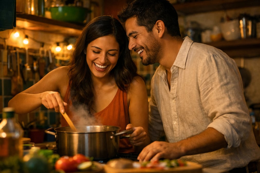 Pareja joven cocinando juntos en su cocina, riendo y relajados