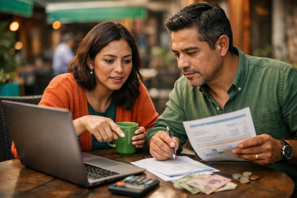 Persona depositando dinero en una alcancía con billetes y monedas sobre la mesa
