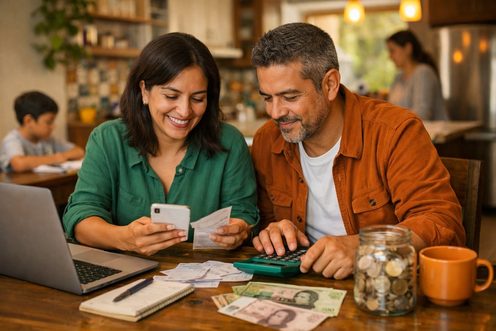 Persona en su escritorio organizando sus finanzas con café y agenda