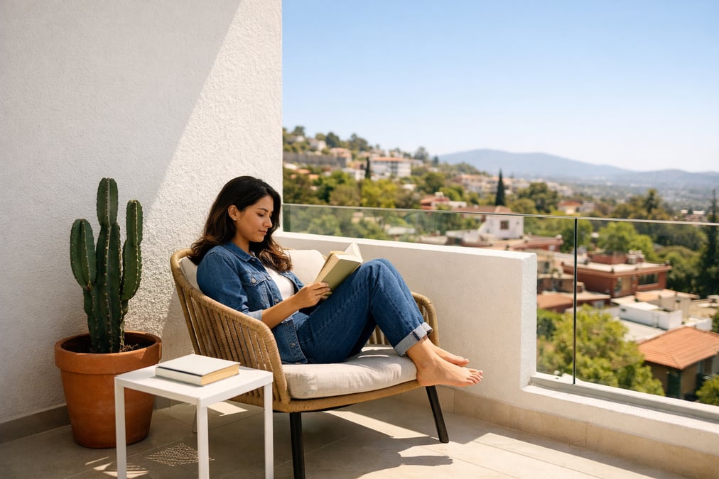 Espacio limpio y minimalista con una silla, un libro y una planta junto a una ventana