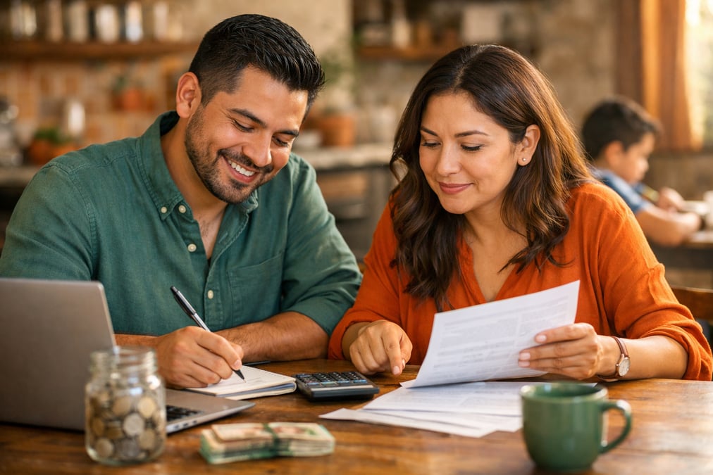 Persona organizando su presupuesto mensual con calculadora y notas