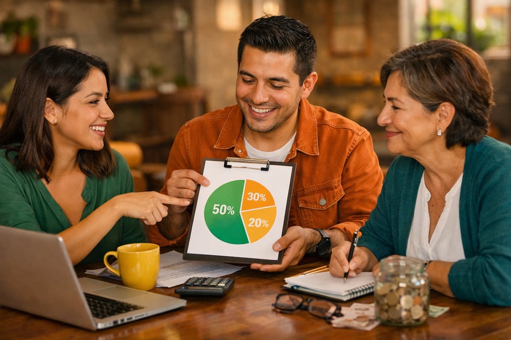 Pareja joven revisando su presupuesto familiar en la cocina con una laptop